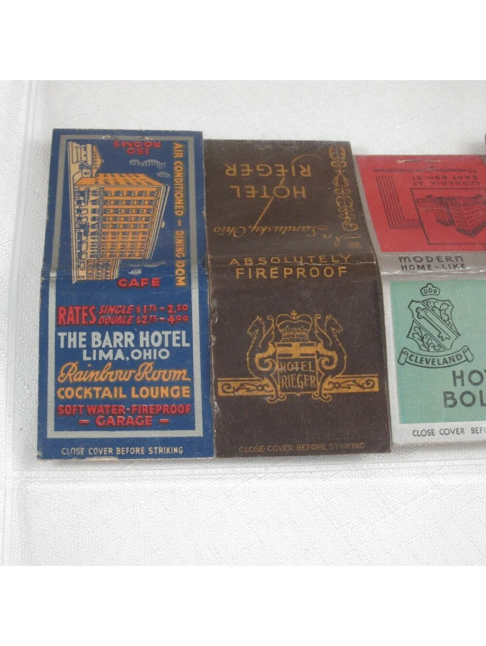 4 Vintage Matchbook Covers Hotel Rieger, Hotel Bolton, & The Barr Hotel in Ohio